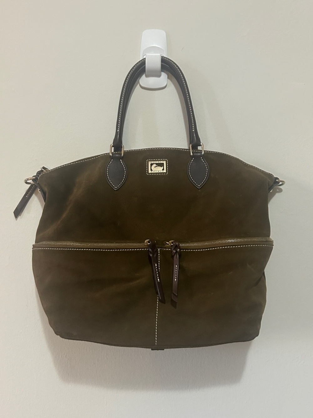 Dooney & Bourke Dillen Double Pocket Satchel in olive suede like new